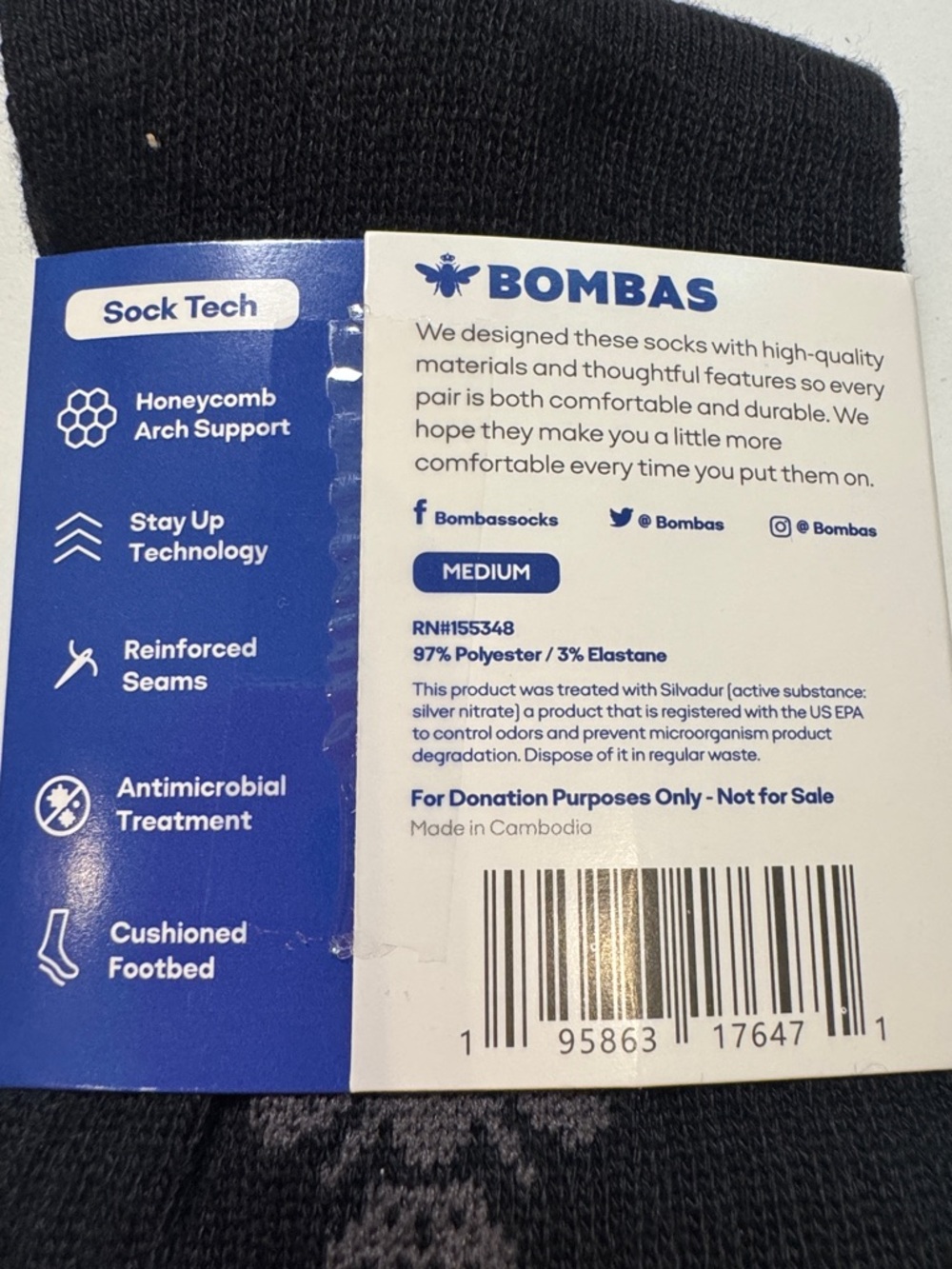 Bombas NWT Unisex Black Crew socks 1 pair - Picture 2 of 5